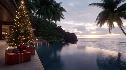 Fototapeta premium A beautifully decorated Christmas tree stands by a tranquil pool overlooking the ocean. Colorful gifts are arranged beneath the tree as the sun sets over the scenic coastline.