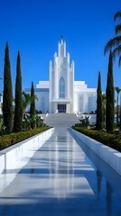 Naklejka premium White Mormon temple, clear blue sky, bright, daytime, white walls