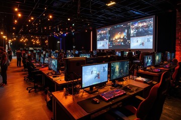 Gaming tournament happening at a vibrant esports arena with multiple screens and participants in action
