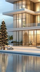 A beautifully decorated Christmas tree stands by a tranquil pool overlooking the ocean. Colorful gifts are arranged beneath the tree as the sun sets over the scenic coastline