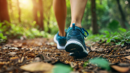 A fitness enthusiast jogging through a beautiful forest trail