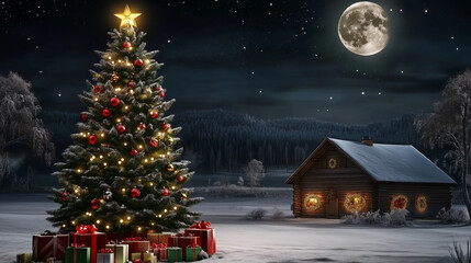 Fototapeta premium Cozy winter cabin nestled in a snowy forest with a beautifully decorated Christmas tree and presents, illuminated by the warm glow of the full moon. Perfect for holiday and winter themed designs.