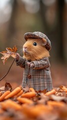 Obraz premium A small animal in a stylish checkered outfit sits among a pile of fresh carrots at an outdoor market, enjoying the warm weather and colorful surroundings filled with produce.