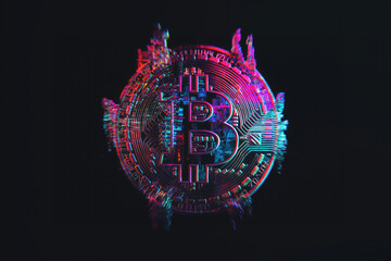 3d icon in the form of coin with a sign of bitcoin in a neon holographic style with digital glitches and noise