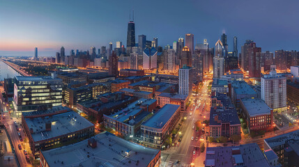 Obraz premium An aerial view of a bustling city skyline at dusk, with lights starting to twinkle