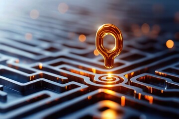 A golden location pin on a digital maze, symbolizing navigation and discovery.