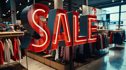 discount sign with big bold letters "SALE" in the center of the frame, a modern clothing store 