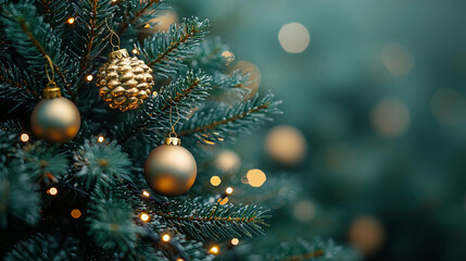 Christmas tree with golden baubles and pinecones against a turquoise background with soft bokeh lights