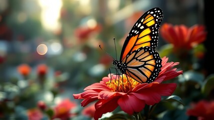 Fototapeta premium Monarch on vibrant red flower, urban garden beauty.
