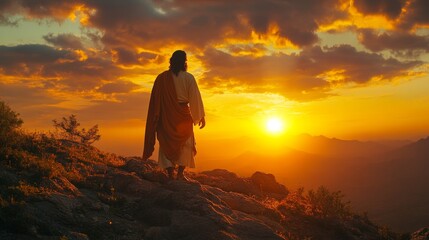Obraz premium Silhouette of jesus delivering a powerful sermon illuminated by the setting sun on a mountain top