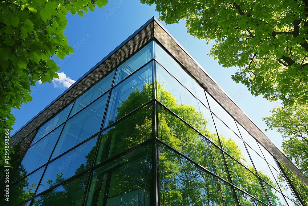 Poster Modern Glass Building With Green Reflections Surrounded by Lush Trees Under Blue Sky : Generative AI