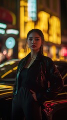 Fototapeta premium Beautiful asian woman in the city at night with bokeh 