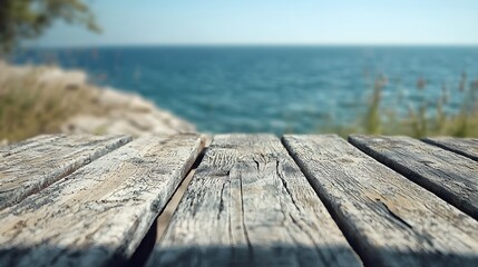 A rustic picnic table overlooking the sea, blurred shorelines enhancing the depth,