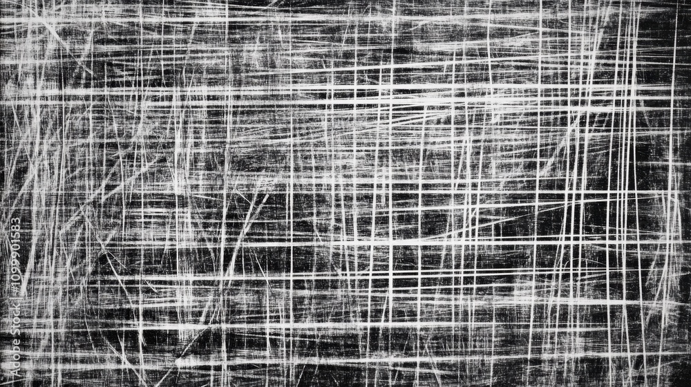 Poster abstract black and white texture with intersecting lines and scratches creating visual depth.