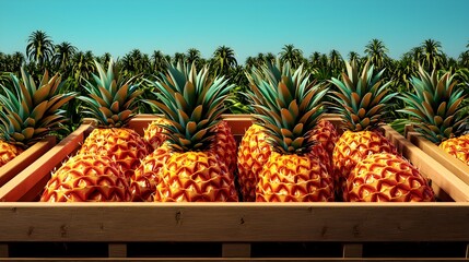 Wooden boxes filled with ripe pineapples, viewed from a low angle with a sprawling plantation in the background, bold pop art style, vivid colors, abstract forms