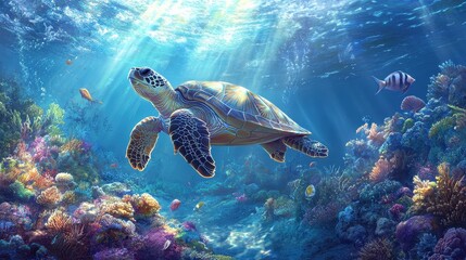 Fototapeta premium A turtle swims in a coral reef with a variety of fish swimming around it