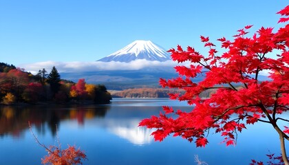 Stunning Landscape of Mount Fuji with Red Autumn Leaves Reflected in the Lake