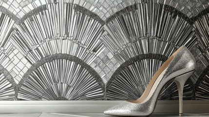 Elegant Silver High Heel Shoe Against Art Deco Mosaic Background
