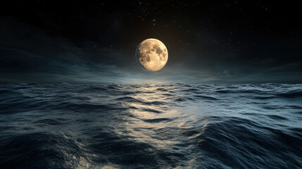 Moon's Role in Tides. A luminous full moon reflects on calm ocean waters under a starry night sky, creating a serene and enchanting atmosphere.