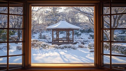 Window view out to winter landscape
