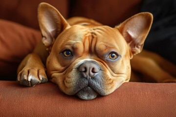 Brown french bulldog resting head on comfortable sofa