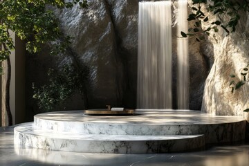 Fototapeta premium Waterfall flowing on marble podium in luxurious spa