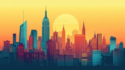 Obraz premium Vibrant Urban Skyline with Sunset Over Iconic City Buildings
