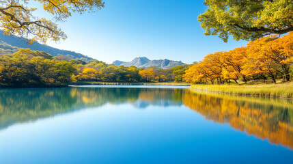Naklejka premium serene lake surrounded by vibrant trees and mountains reflecting nature beauty