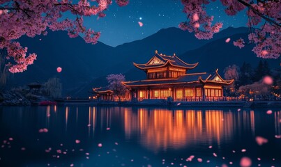 beautiful tibet night scene wallpaper background, in the style of gothic illustration, surrealistic elements, religious building, cherry blossoms, view of chinese temple
