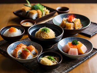 various kinds of Japanese food on the dining table