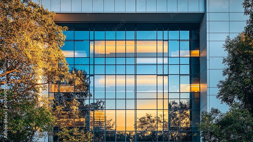 Poster Exterior of a modern office building with sunset reflections in windows : Generative AI