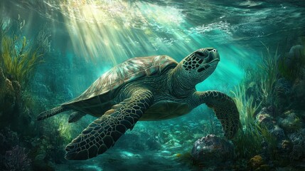 Obraz premium A turtle swimming in the ocean with the sun shining on it