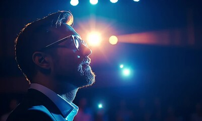 A man in a suit and glasses stands on stage looking up at the spotlight.