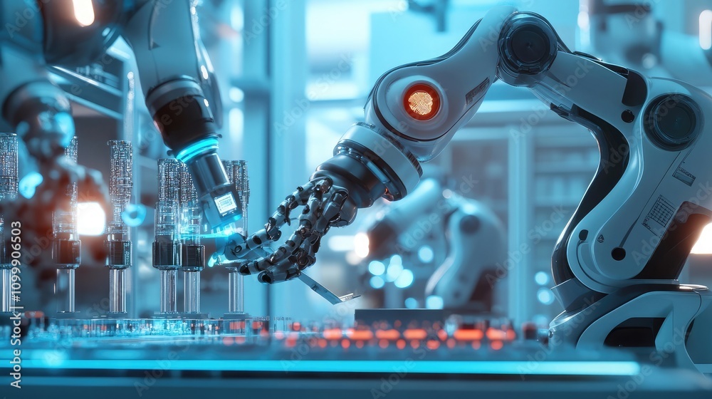 Poster futuristic ai robots collaborating on scientific research in an advanced lab dynamic illustration of