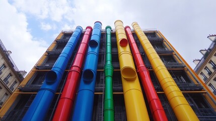 Colorful Vertical Pipes on Modern Building Against Blue Sky