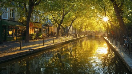 Serene Sunset Over Tree-Lined Canal in a Charming Urban Setting