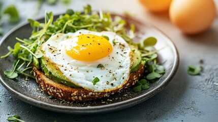 Sunny-side up egg on avocado toast with microgreens.