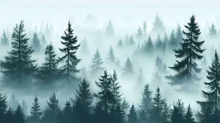 Fototapeta premium Misty forest scenes with towering pines and enigmatic fog for a tranquil mysterious atmosphere. Nature. Illustration