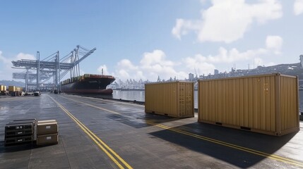 Obraz premium Containers stand in organized rows at a busy shipping dock as dusk approaches. Cargo ships are anchored nearby, silhouetted against a vibrant sky filled with clouds