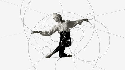 Cotemporary art collage. Dancer leaps into dramatic pose surrounded by dynamic geometric circles and lines, combining ballet's grace with artistic composition. Concept of ballet, sport, modern art. Ad