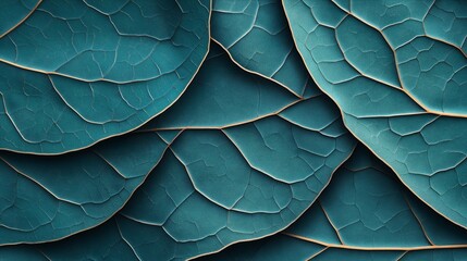 Obraz premium Abstract image of overlapping teal leaves with detailed vein patterns, creating a textured and layered appearance, emphasizing natural forms and organic design elements