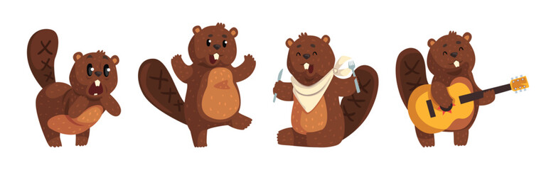 Funny Beaver Character in Different Actions Vector Set © topvectors