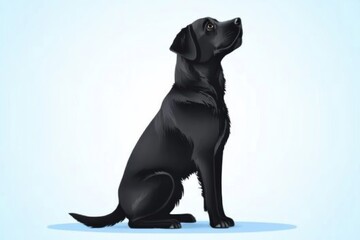 A curious black dog looking upward a light blue background.
