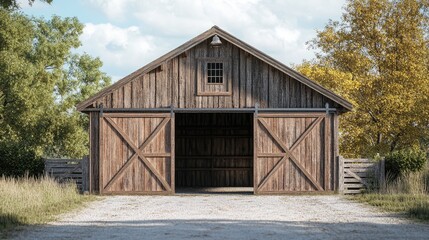 Obraz premium Old wooden barn with open sliding doors on a farm in the countryside