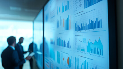 A market research meeting where a team reviews consumer data charts and demographic trends on a whiteboard