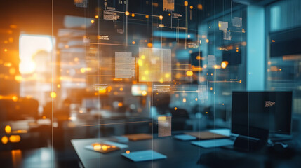 Blockchain integration in a business context, with interconnected data blocks floating above a digital workspace