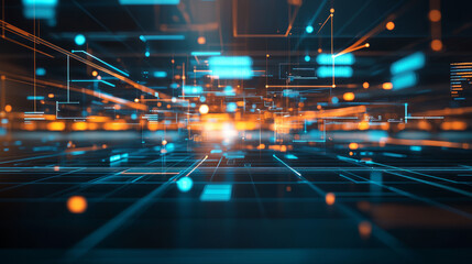 Blockchain integration in a business context, with interconnected data blocks floating above a digital workspace