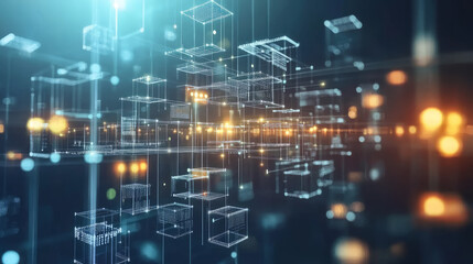 Blockchain integration in a business context, with interconnected data blocks floating above a digital workspace