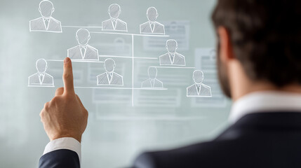 Hierarchical management structure shown with a flowchart on a screen, presented by a senior executive to a group