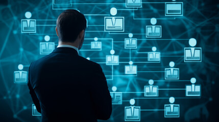Hierarchical management structure shown with a flowchart on a screen, presented by a senior executive to a group